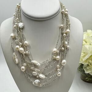 Sterling 8 Strand MultiShaped Freshwater Baroque Round White Pearl Necklace